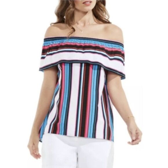 Vince Camuto Top Havana Bright Striped Off the Shoulder Blouse Size Large New - Picture 10 of 10